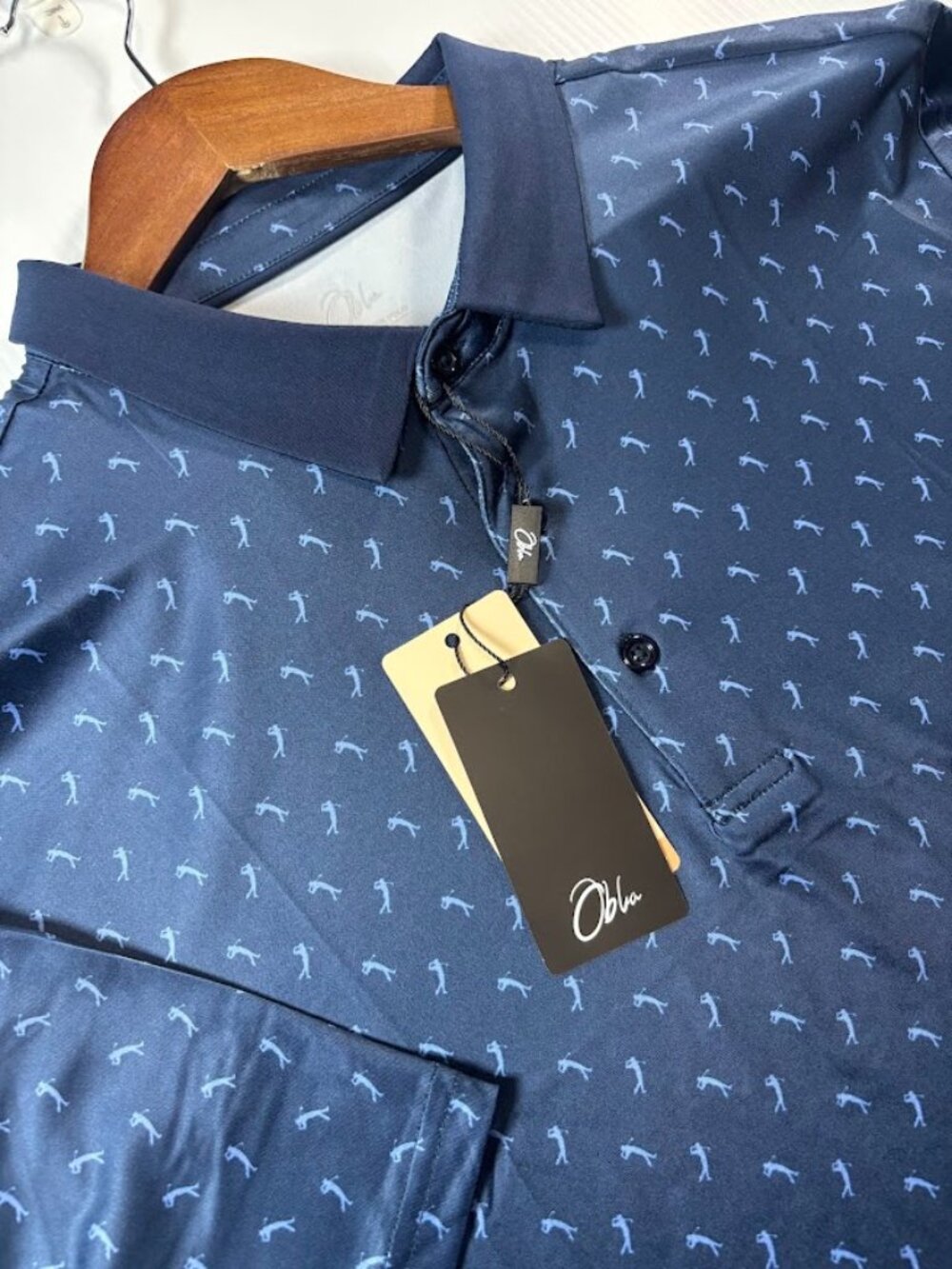 Obla Performance Golf Polo Men's New with Tags Large Blue W/ Golfer Pattern